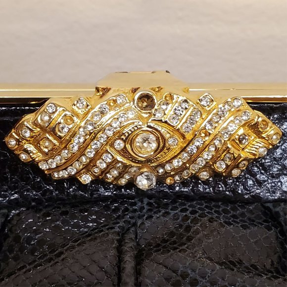 Carlo Fiori Leather Python Clutch With Gold Chain and Rhinestones - Picture 3 of 7